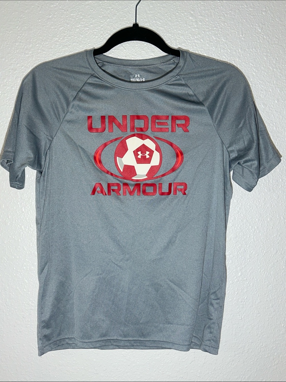 Under Armour Boy’s Gray Short Sleeve Performance Tee with Soccer Logo